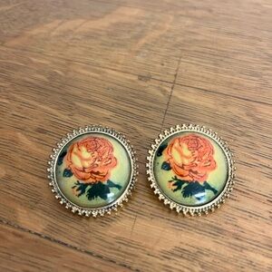 Vintage Gold-Tone Floral Rose Round Earrings